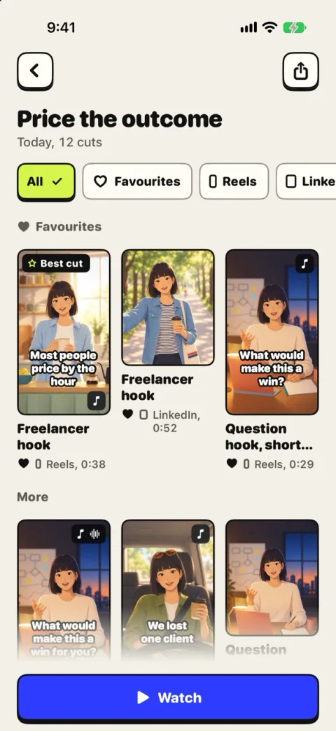 Twelve finished cuts of one take in the Omnomesh app, ready to watch