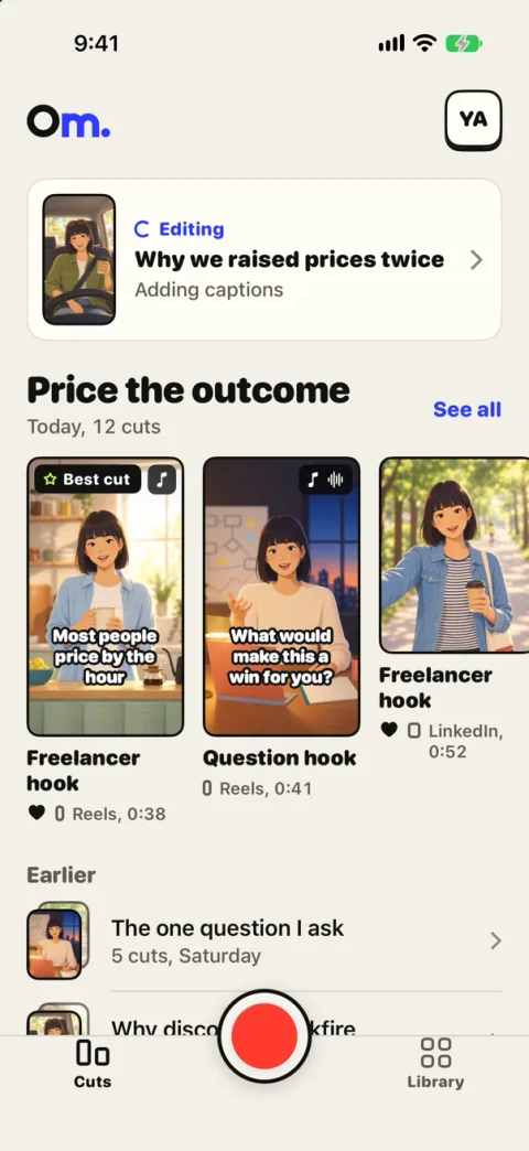 Preview screen: Home in the Omnomesh app on iPhone, with a take being edited and today’s cuts.