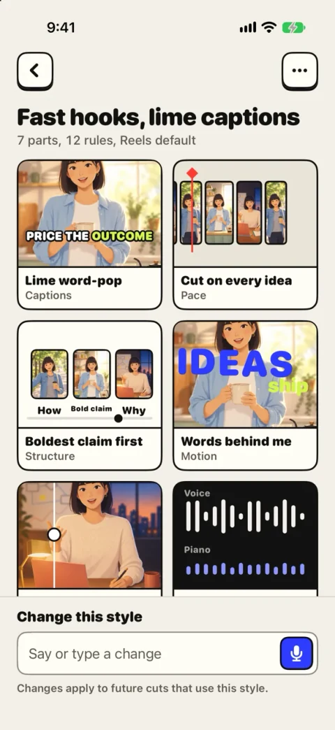 Preview screen: A style in the Omnomesh app on iPhone, with its rules for captions, pace, structure and motion.