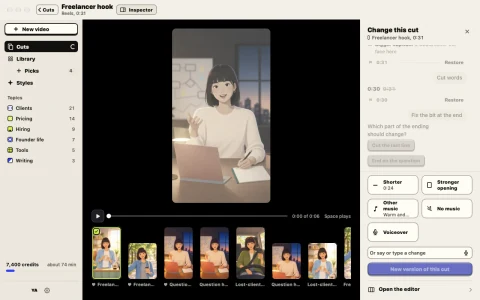 Preview screen: Changing a cut in Omnomesh on a Mac: shorter, a stronger opening, other music, no music or a voiceover.