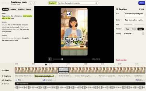 The Omnomesh editor on Mac: the words of the take, the cut playing, a caption inspector and tracks for video, captions, graphics and sound