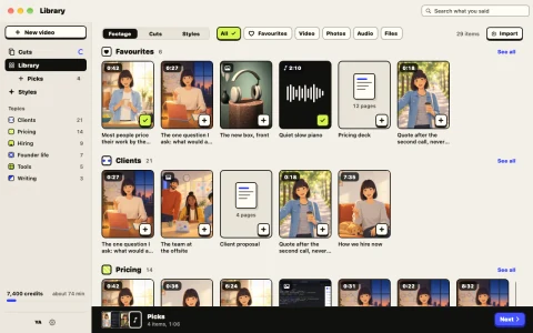 Preview screen: The Library in Omnomesh on a Mac, with takes and cuts sorted into topics.