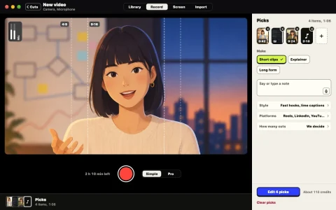 Preview screen: Recording a new video in Omnomesh on a Mac, with picked takes, the kind of video to make and the style.
